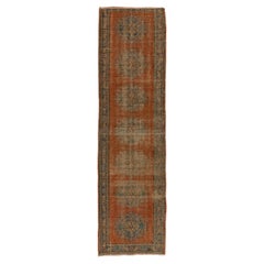 2.6x10.6 Ft Retro Hand-Knotted Turkish Wool Runner Rug in Rust Red, Indigo