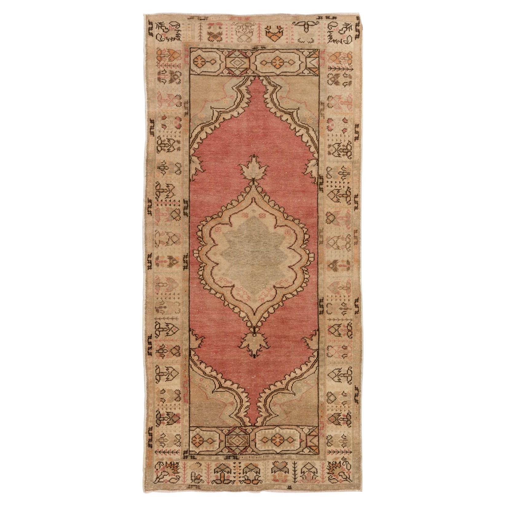 Nice Handmade Midcentury Anatolian Village Wool Rug in Beige & Red Colors For Sale