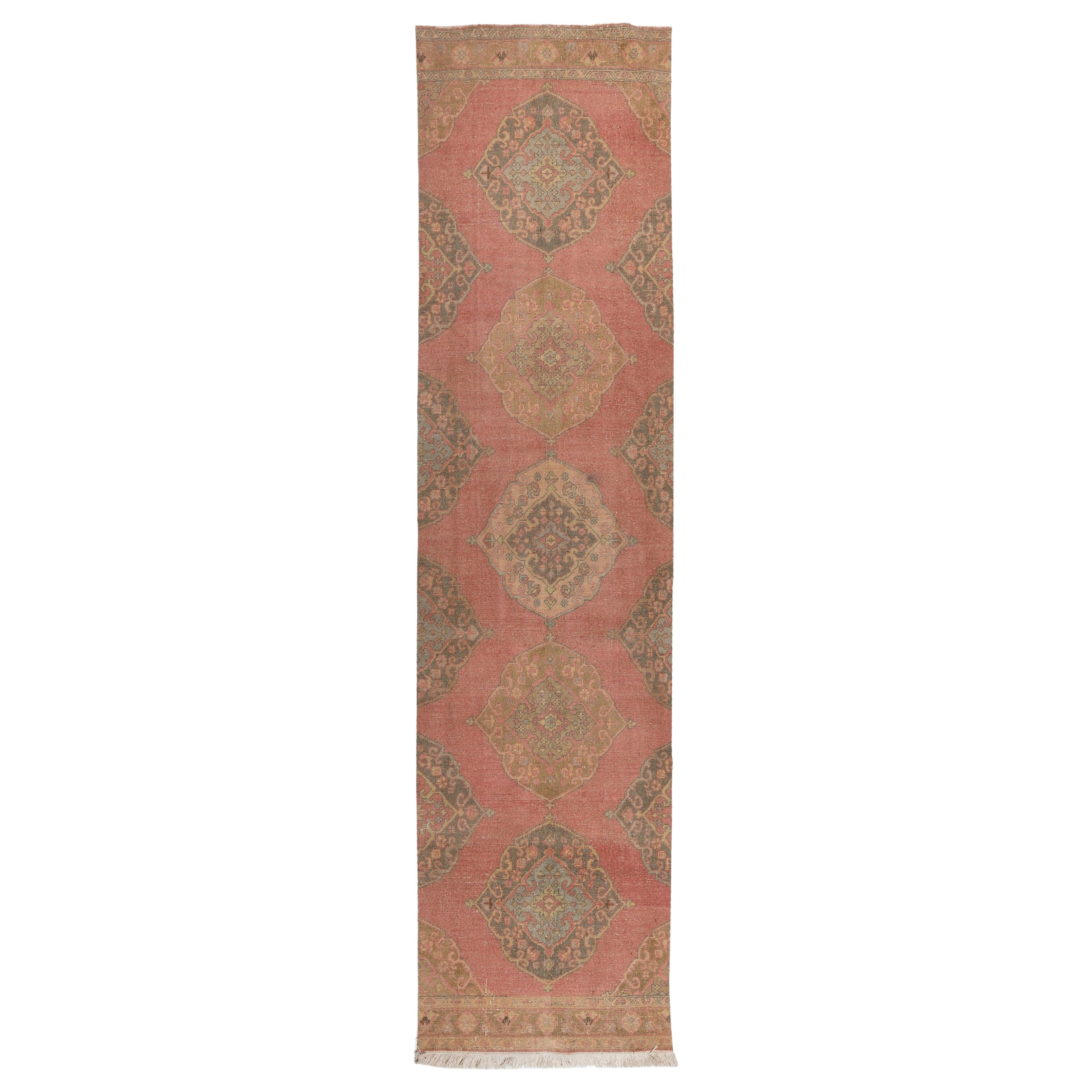 3.2x12.6 Ft Vintage Oushak Runner Rug for Traditional, Rustic, Cottage style  For Sale