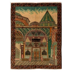 4.7x6 Ft Rare Pictorial 1930s Konya Rug Depicting Tomb of Scholar Mevlana “Rumi”