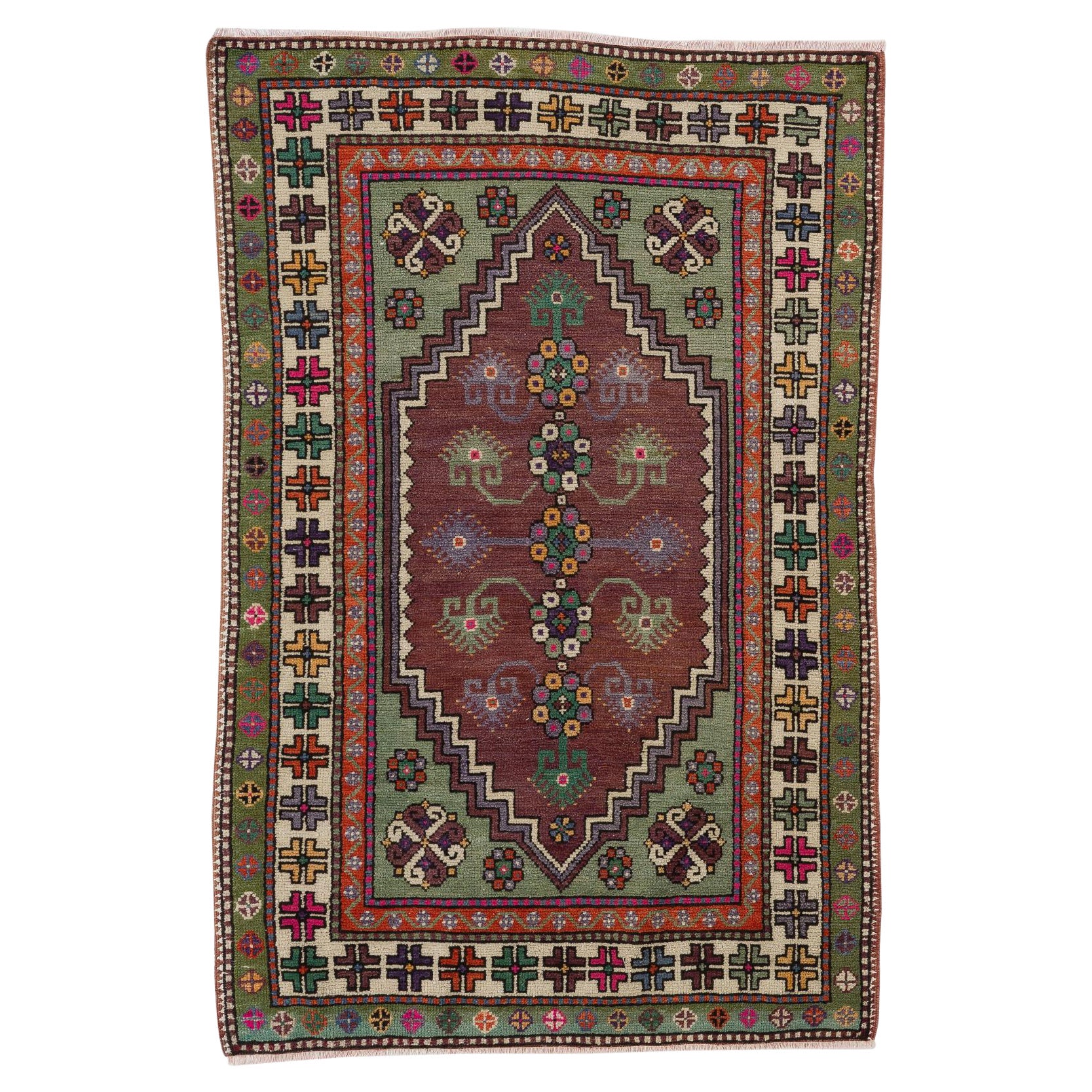 4.3x5.3 Ft Traditional Hand-Knotted Vintage Anatolian Rug, Woolen Floor Covering
