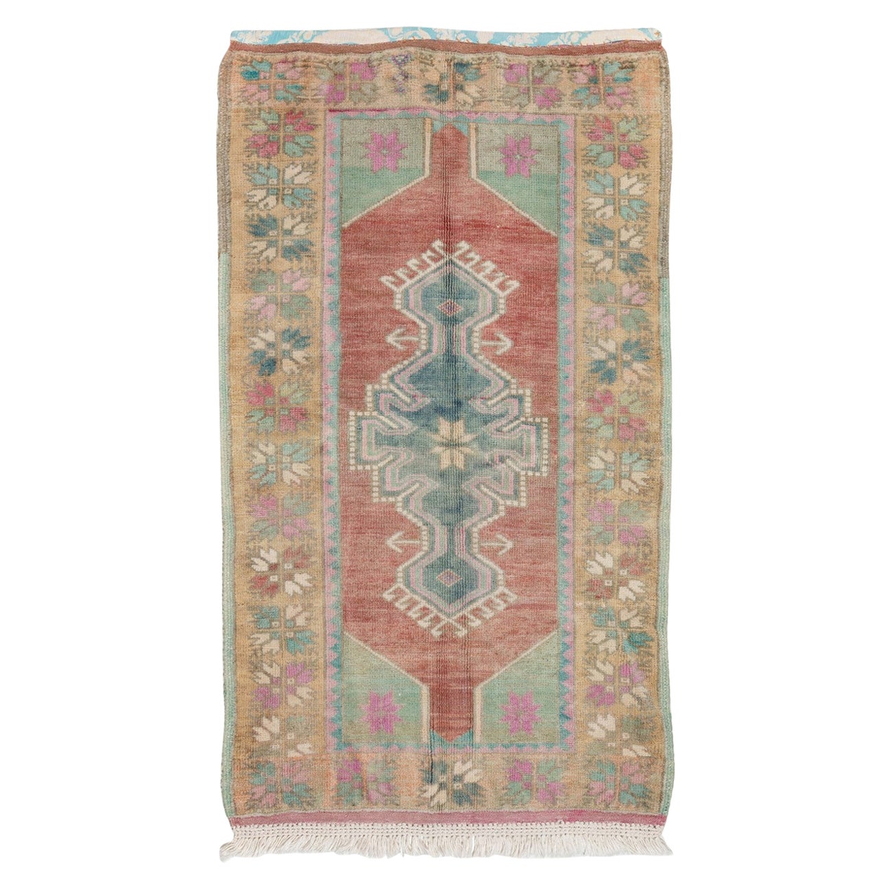 2.8x4.6 Ft Vintage Turkish Scatter Rug in Soft Red, Green, Pink & Purple Colors For Sale