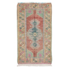 2.8x4.6 Ft Vintage Turkish Scatter Rug in Soft Red, Green, Pink & Purple Colors