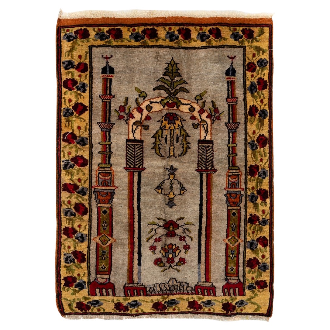 3x4.3 Ft Vintage Turkish Wool Prayer Rug depicting an Archway, Columns & Flowers