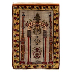 Tapis de prière turc vintage en laine représentant un arc de cercle, des colonnes et des fleurs, 3x4.3 m
