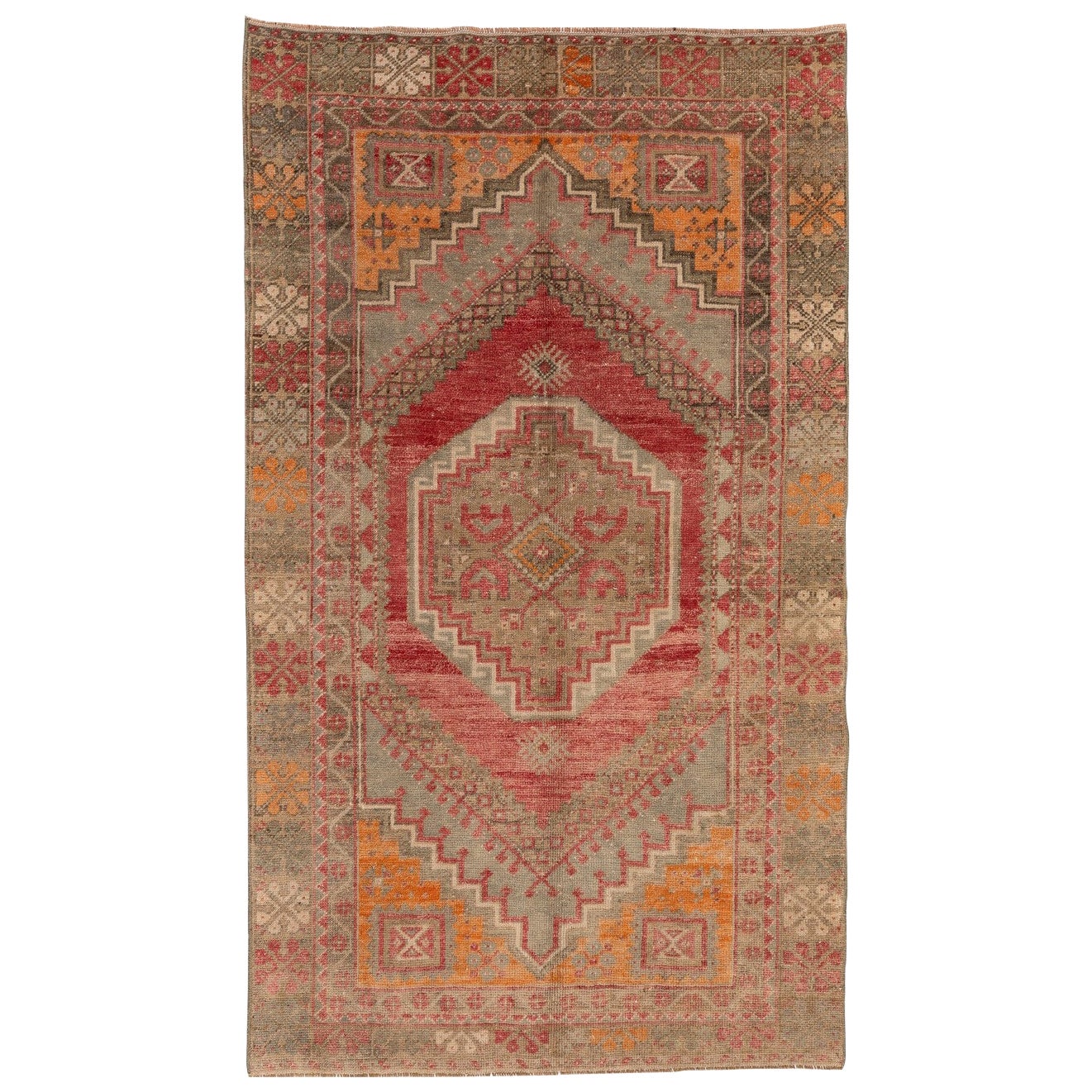 3.6x6 Ft 1950s Turkish Rug with Soft Wool Pile in Warm Red, Orange Gray Colors For Sale