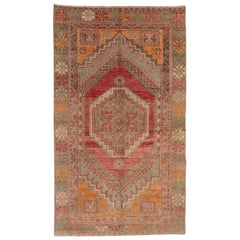 Vintage 3.6x6 Ft 1950s Turkish Rug with Soft Wool Pile in Warm Red, Orange Gray Colors