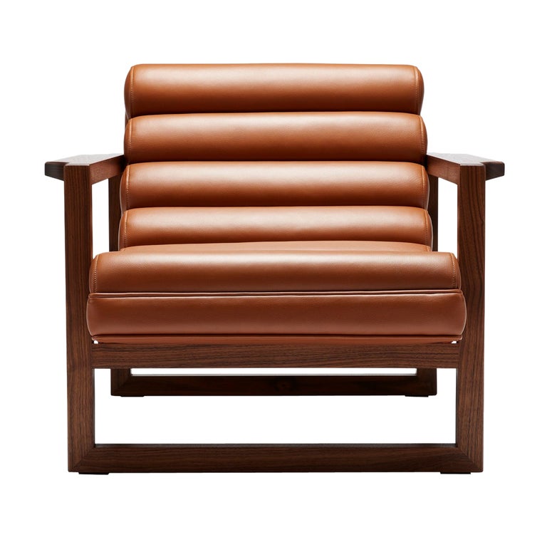 Contemporary Fluted Florence Easy Chair in Tan Leather and Oiled Walnut Frame For Sale