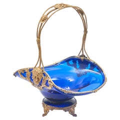 1920's French Blue Glass & Gilt Bronze Basket Shaped Dish
