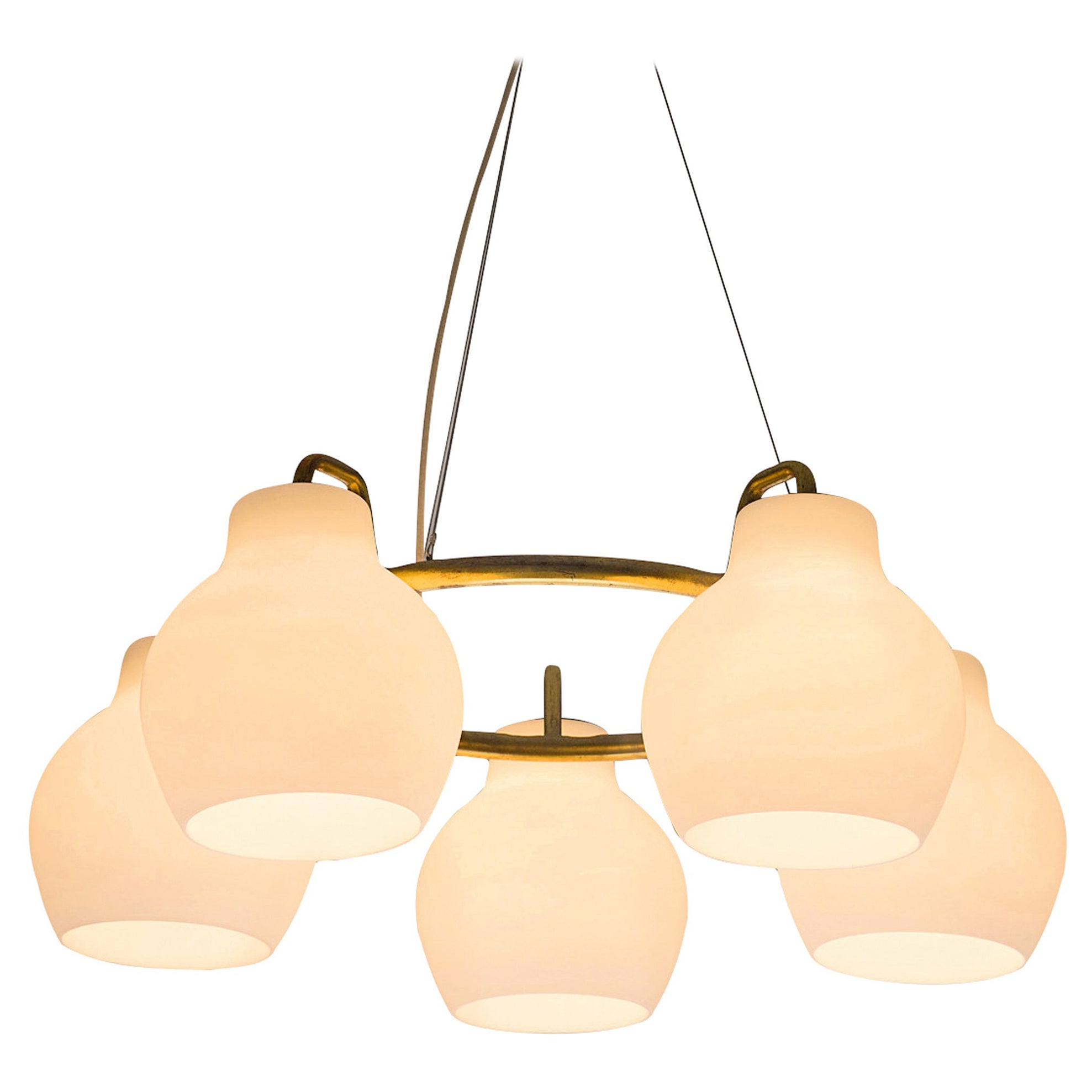 Vilhelm Lauritzen for Louis Poulsen Chandelier in Brass and Opaline Glass