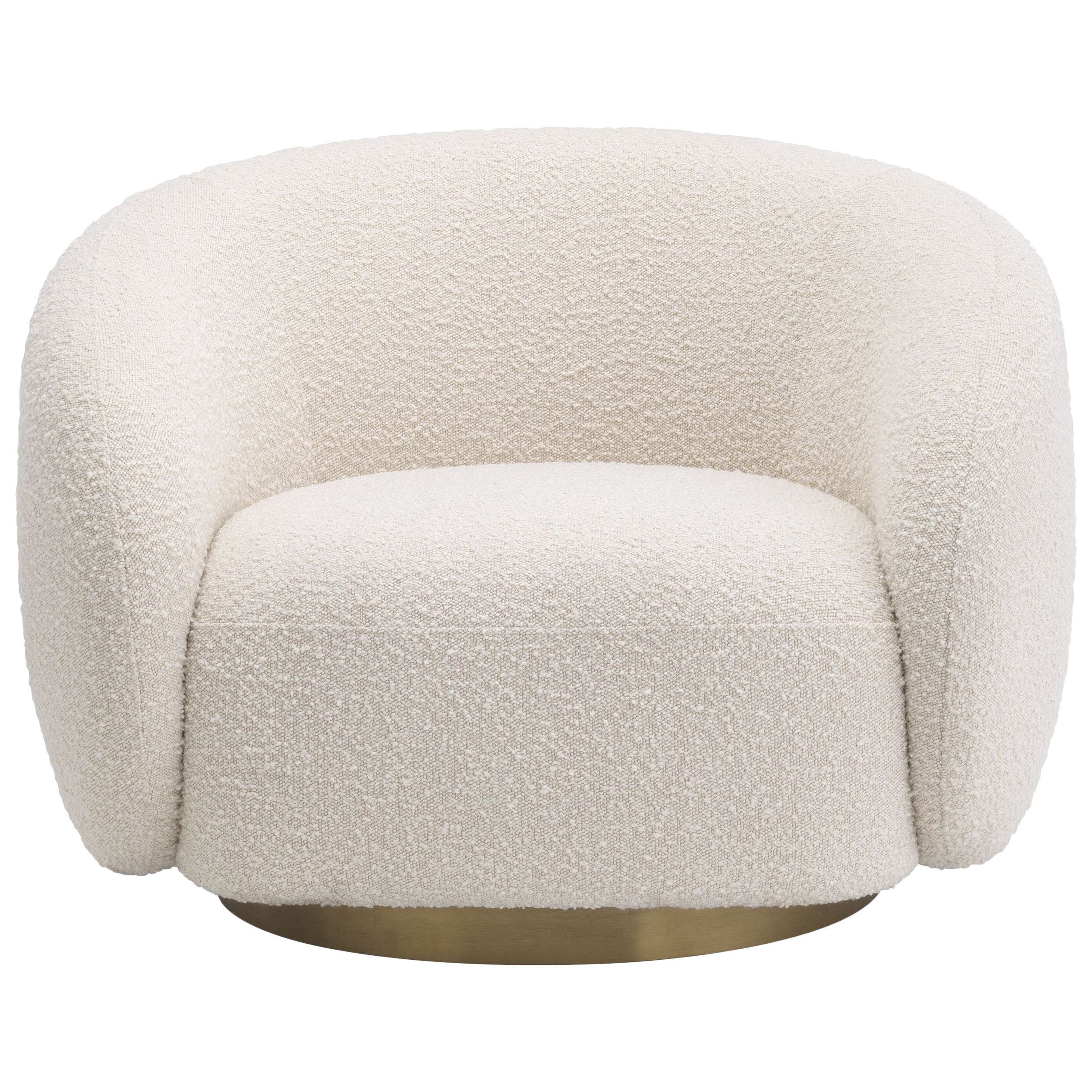 off White Bouclé Fabric with Brass Finishes Swivel Armchair