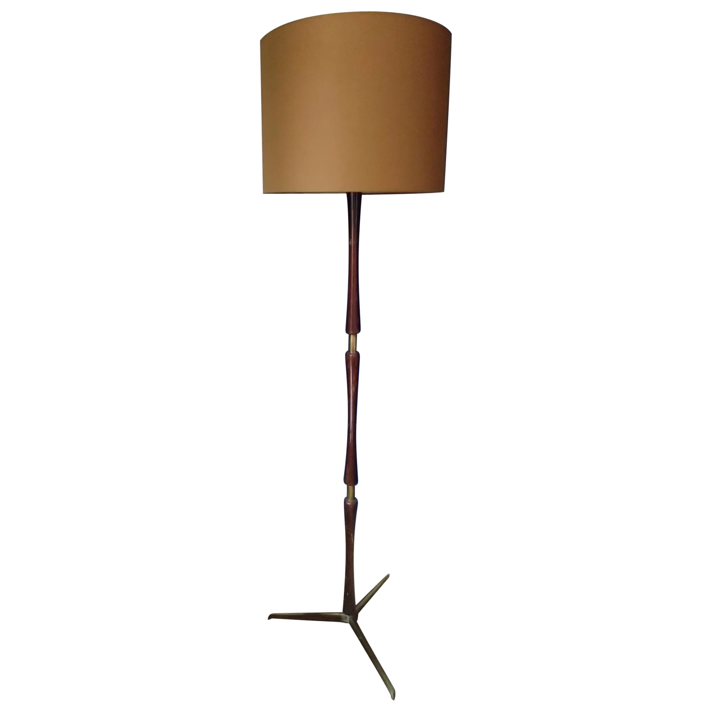 Art Deco Floor Lamp in Brass and Browned Brass with Original Shade at
