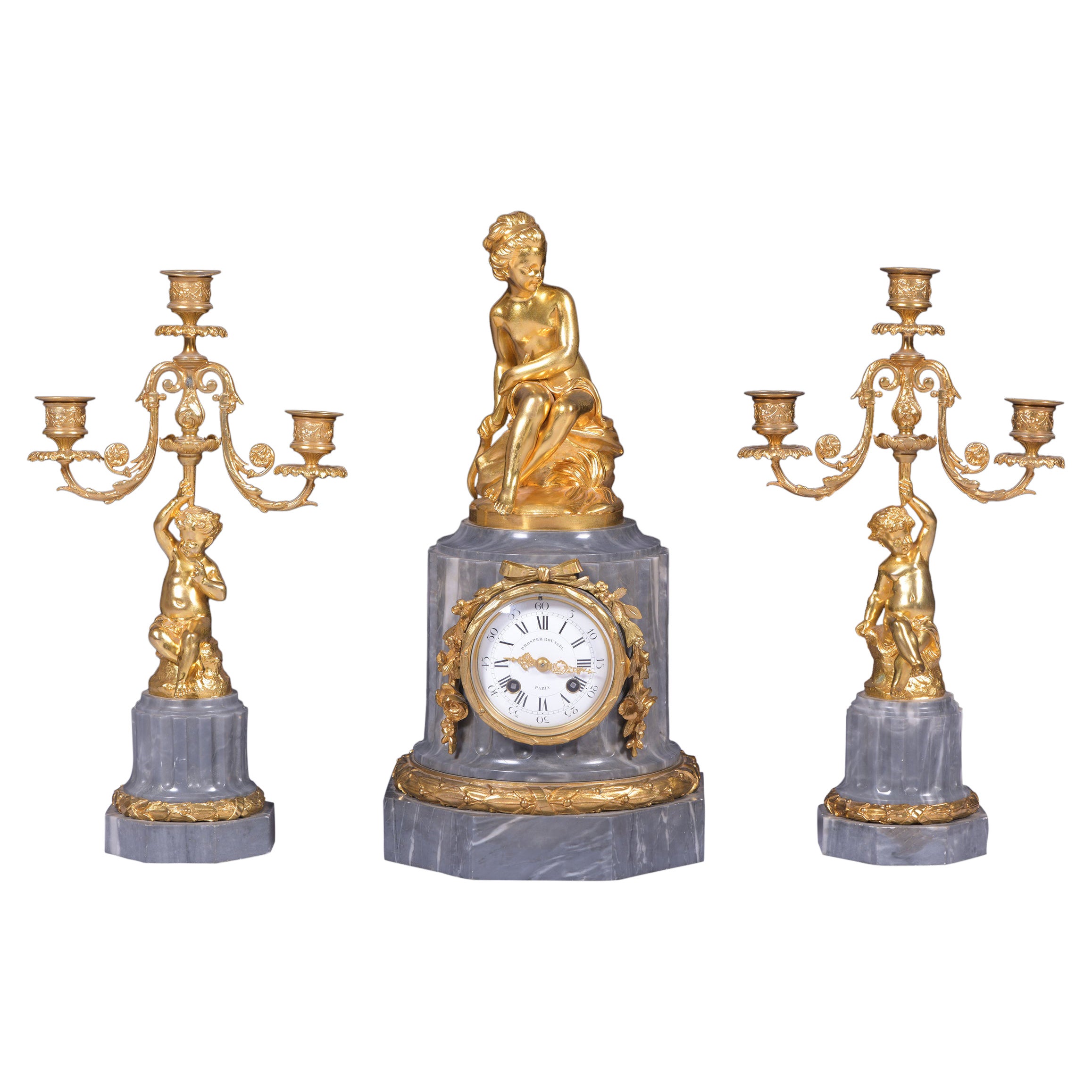 Garniture d'horloge française du 19ème siècle par Prosper Roussel Of Paris