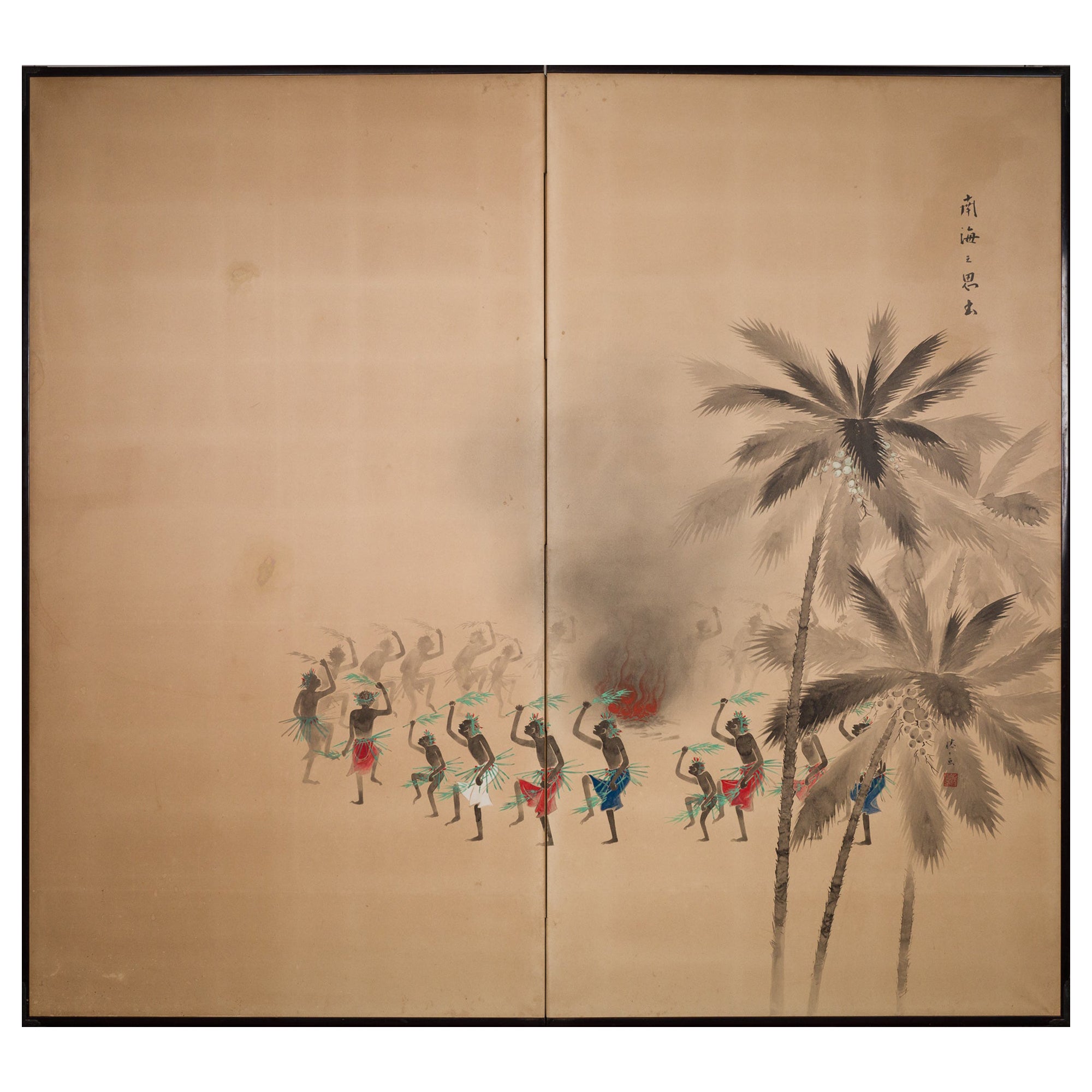 Japanese Two Panel Screen South Seas Fire Dancers For Sale