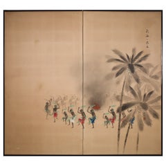 Japanese Two Panel Screen South Seas Fire Dancers