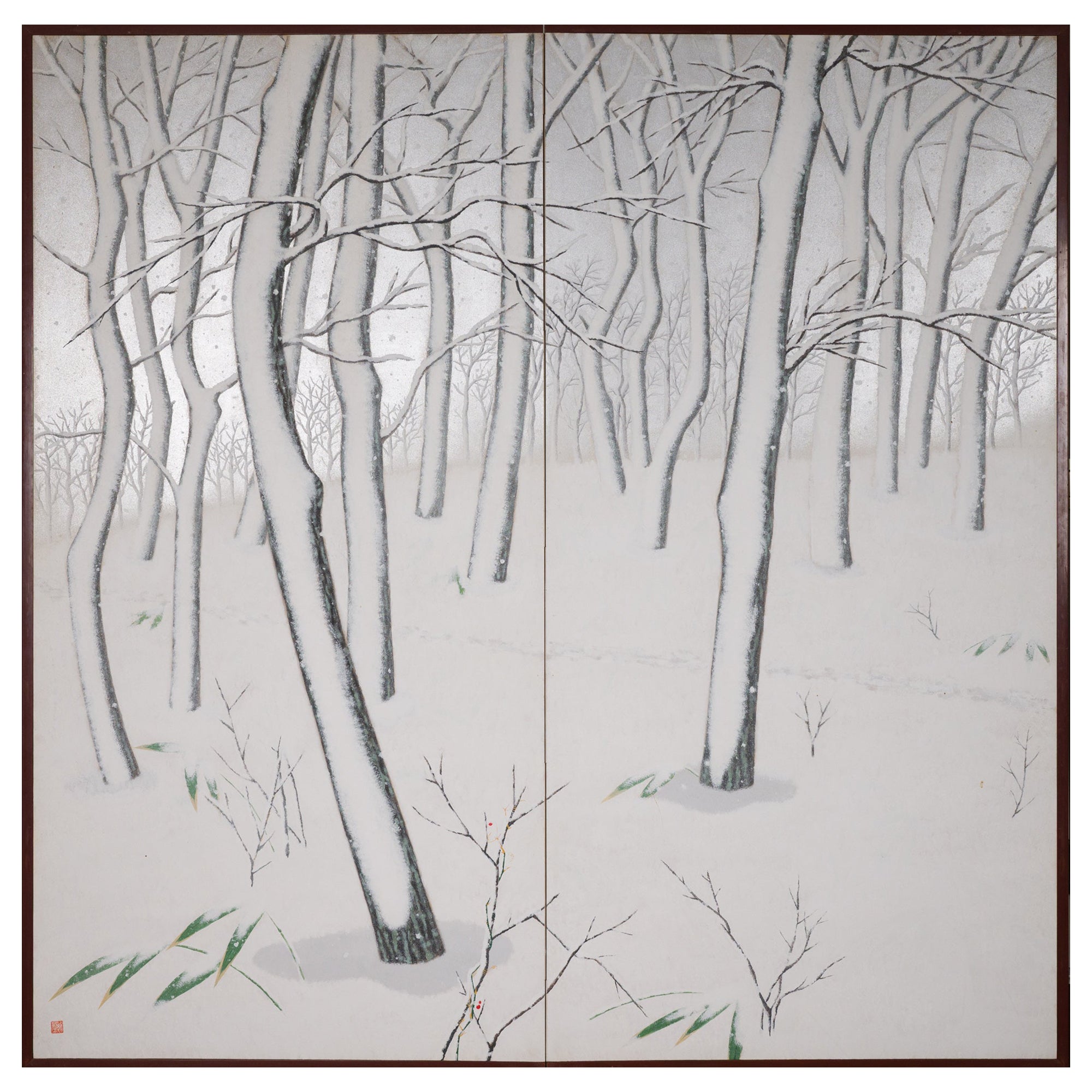 Japanese Two Panel Screen Snow Flakes Falling in the Forest For Sale
