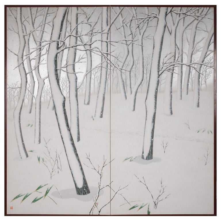 Japanese 2-Panel Screen of Snow Falling in the Forest, ca. 1920, Offered by Naga Antiques