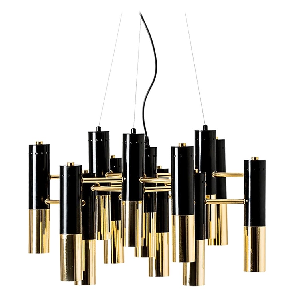 Italian 1960s Design Style Black Lacqured and Gilded Metal Chandelier
