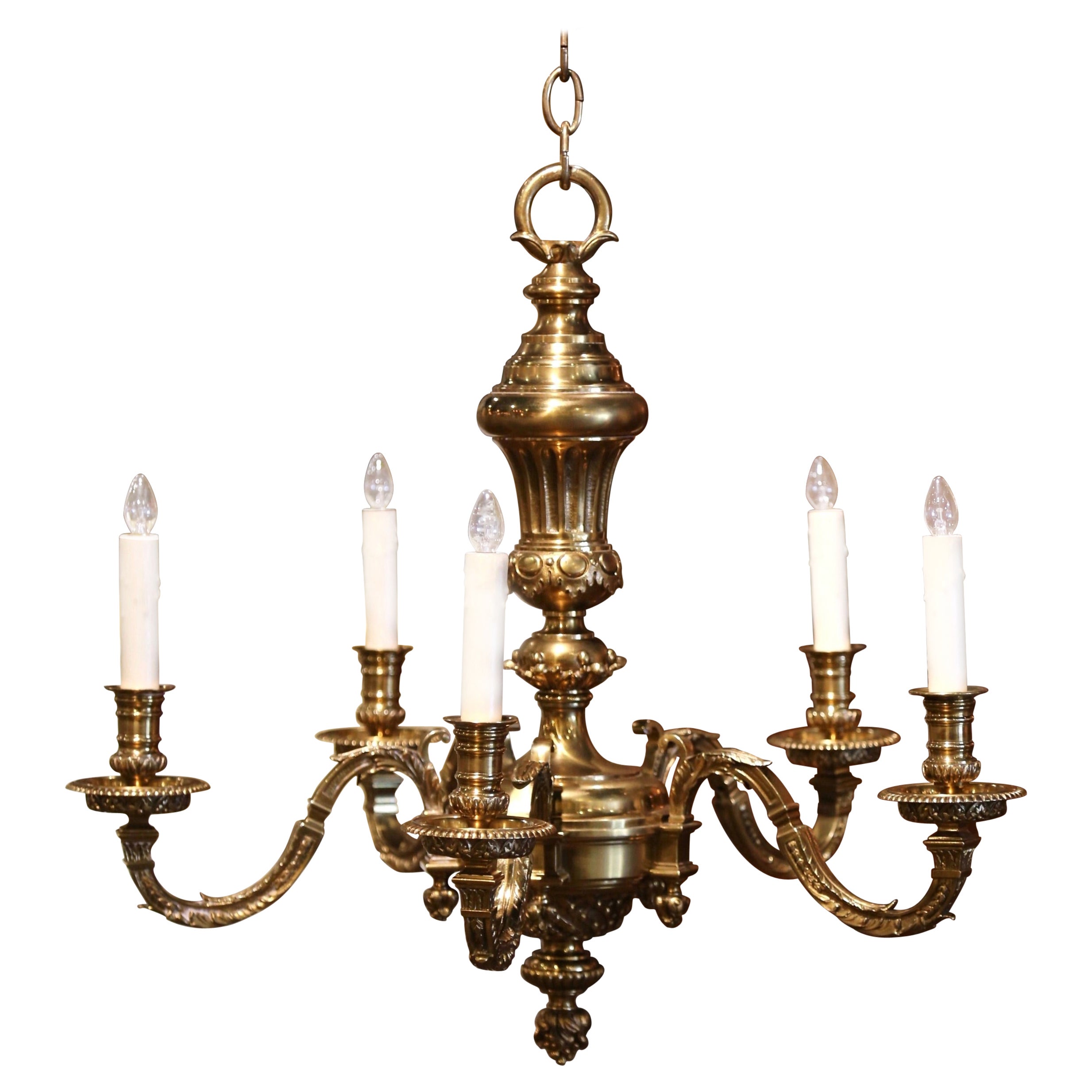 Mid-Century French Louis XVI Bronze Dore Five-Light Chandelier