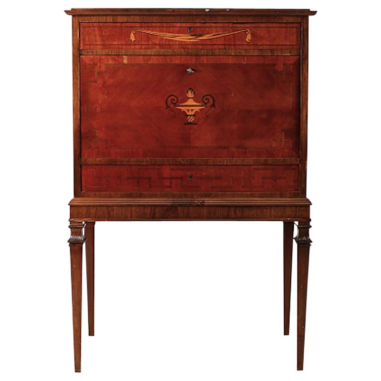 Early 20th Century Secretary with Drawers and Marquetry and Brass Details