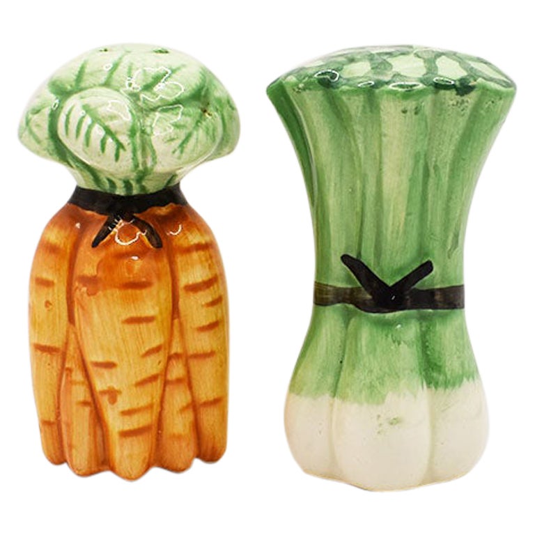 Ceramic Majolica Carrot and Onion Salt and Pepper Shakers, a Pair