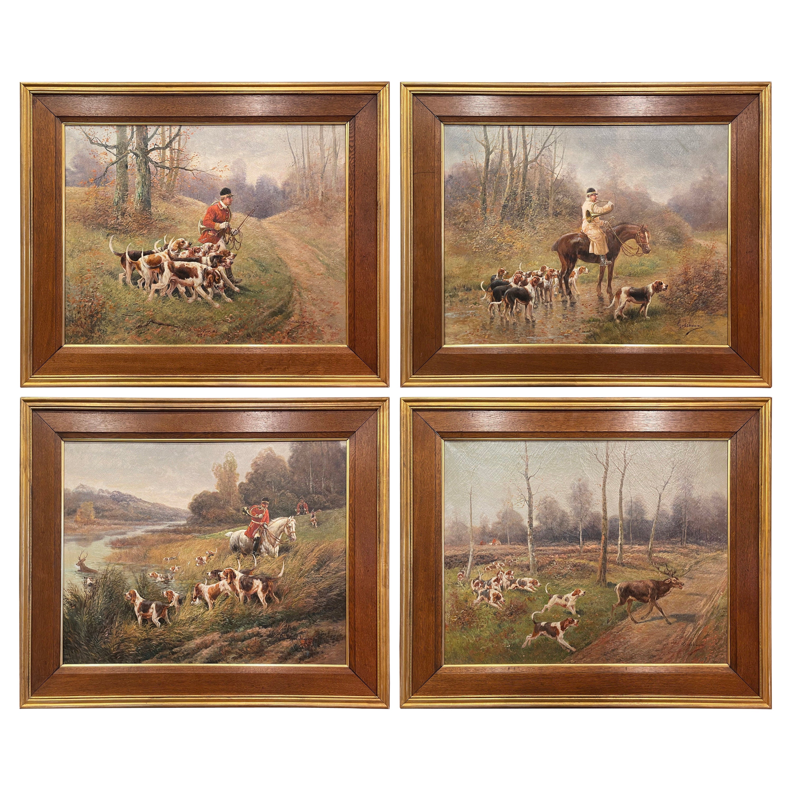 Ensemble de quatre peintures de chasse encadrées sur toile du 19ème siècle signées E. Godchaux en vente