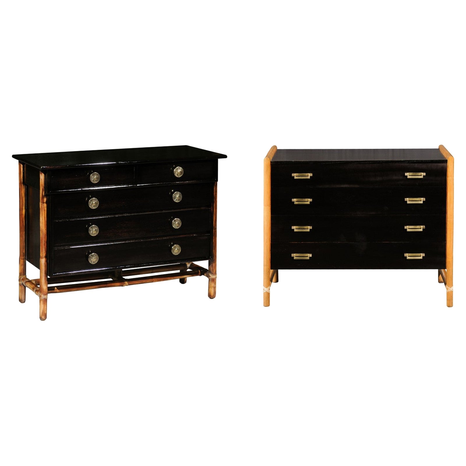 Dramatic Restored Pair of Cerused Oak and Brass Commodes by McGuire, circa 1970 For Sale