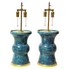 Vintage Pair of Blue Spongeware Ceramic Lamps