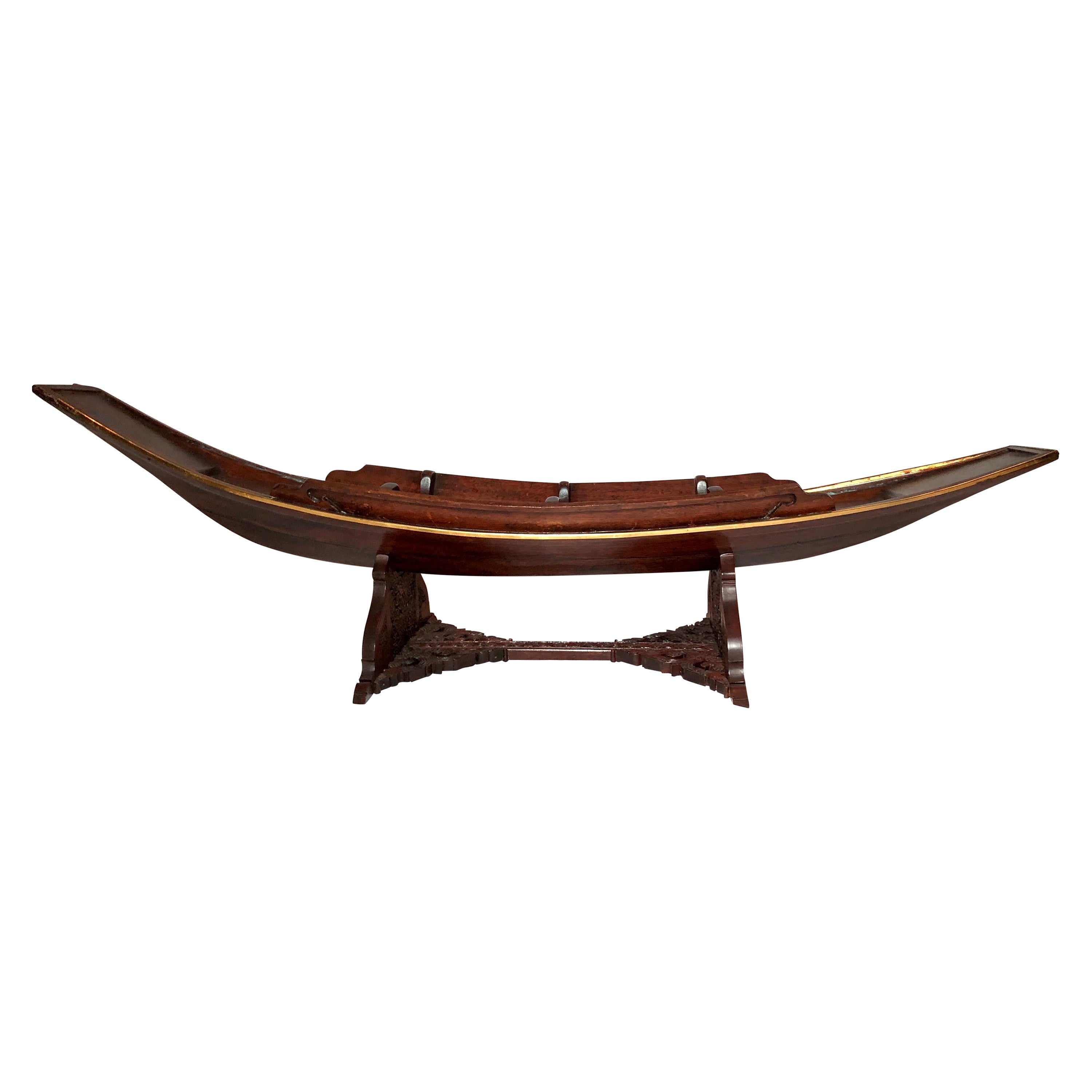 Antique Chinese Carved Teak Sailing Boat Centerpiece, circa 1900 For Sale