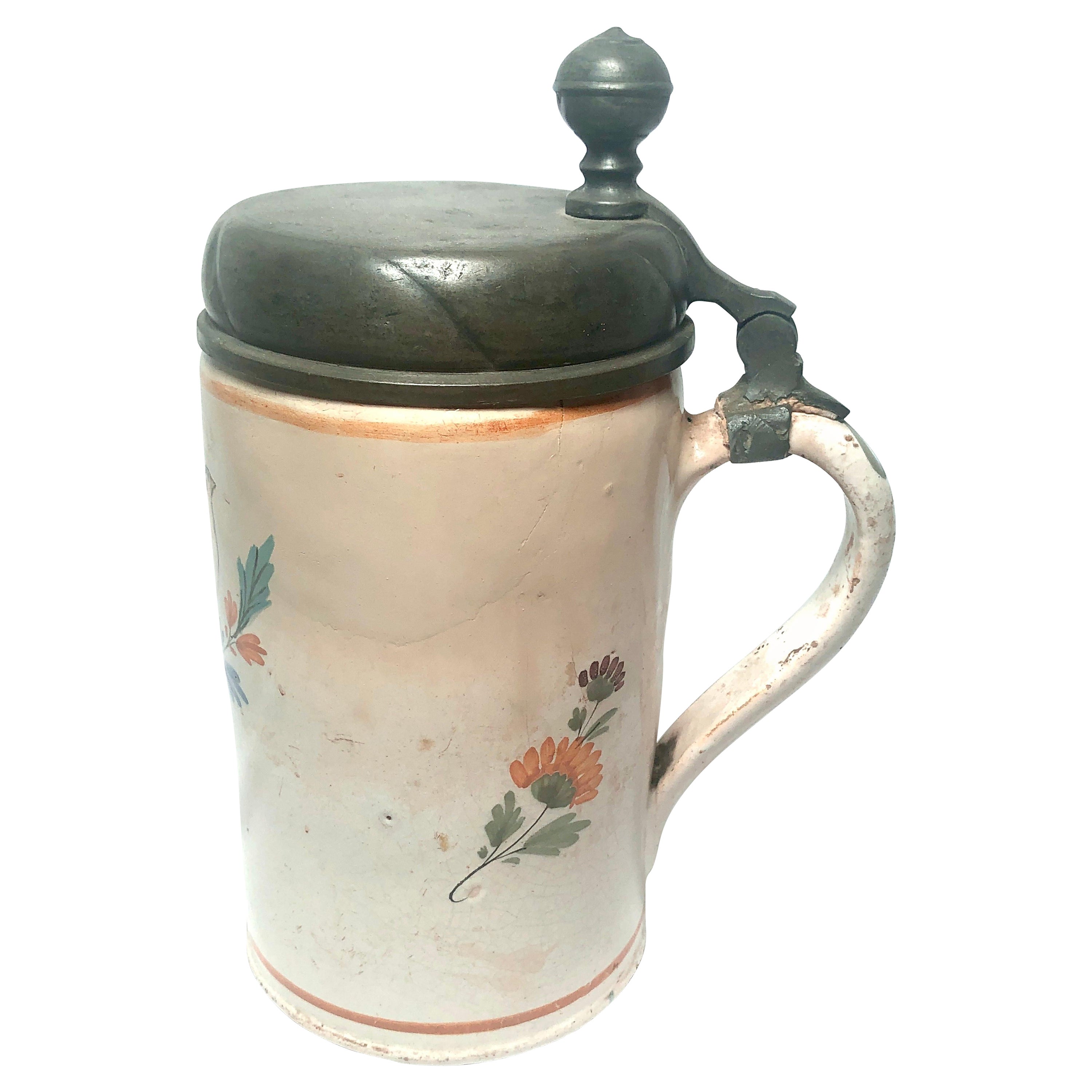 Antique French Hand-Painted Faience Pottery Porcelain Tankard with Pewter Top For Sale