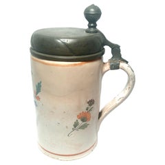 Antique French Hand-Painted Faience Pottery Porcelain Tankard with Pewter Top