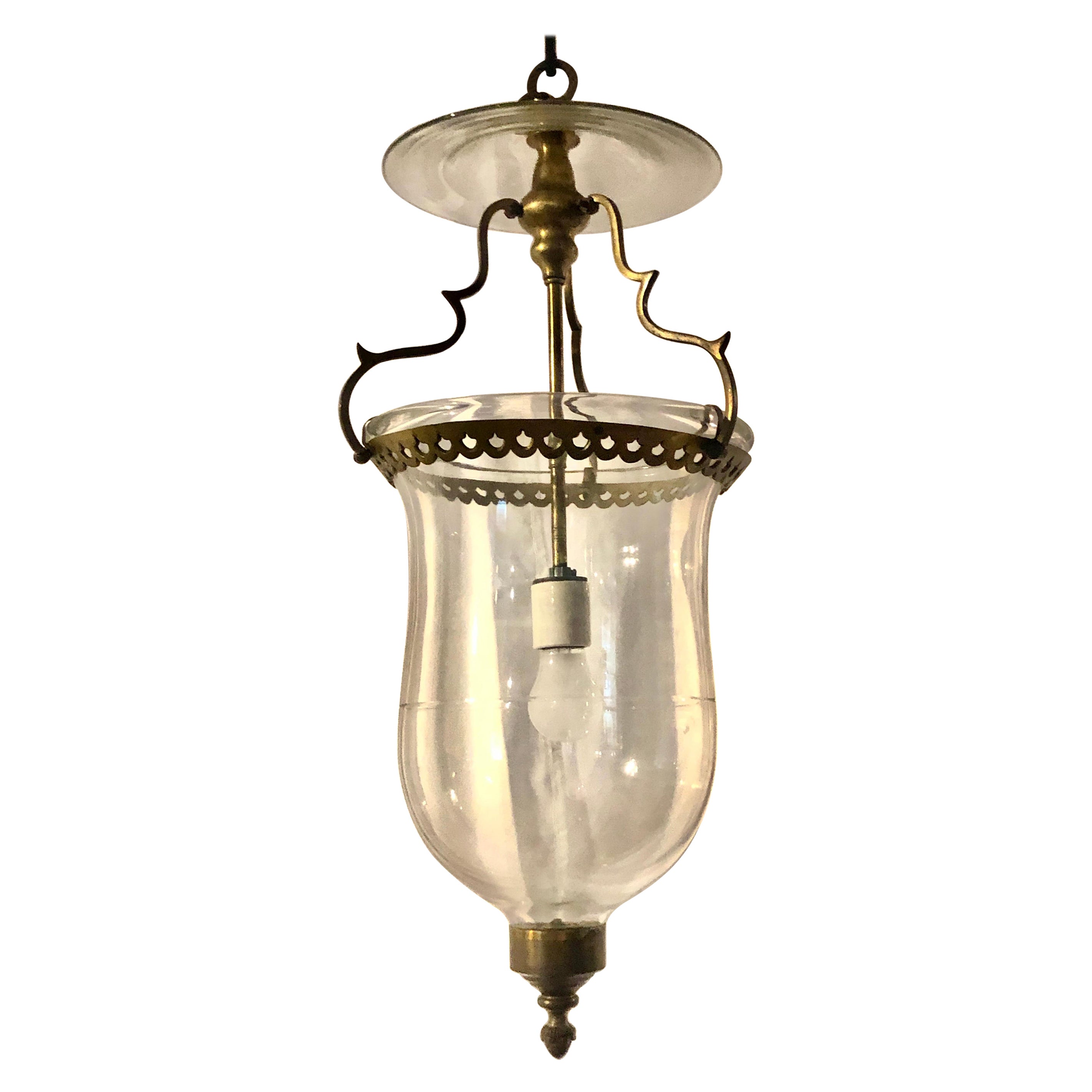 Antique Brass and Blown Glass Hall Lantern, circa 1920 For Sale