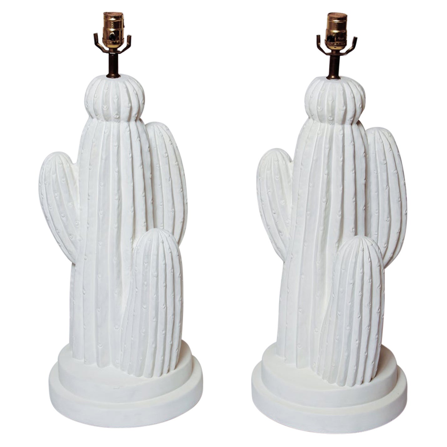 Vintage Pair of White Plaster Cactus Lamps, Circa 1975