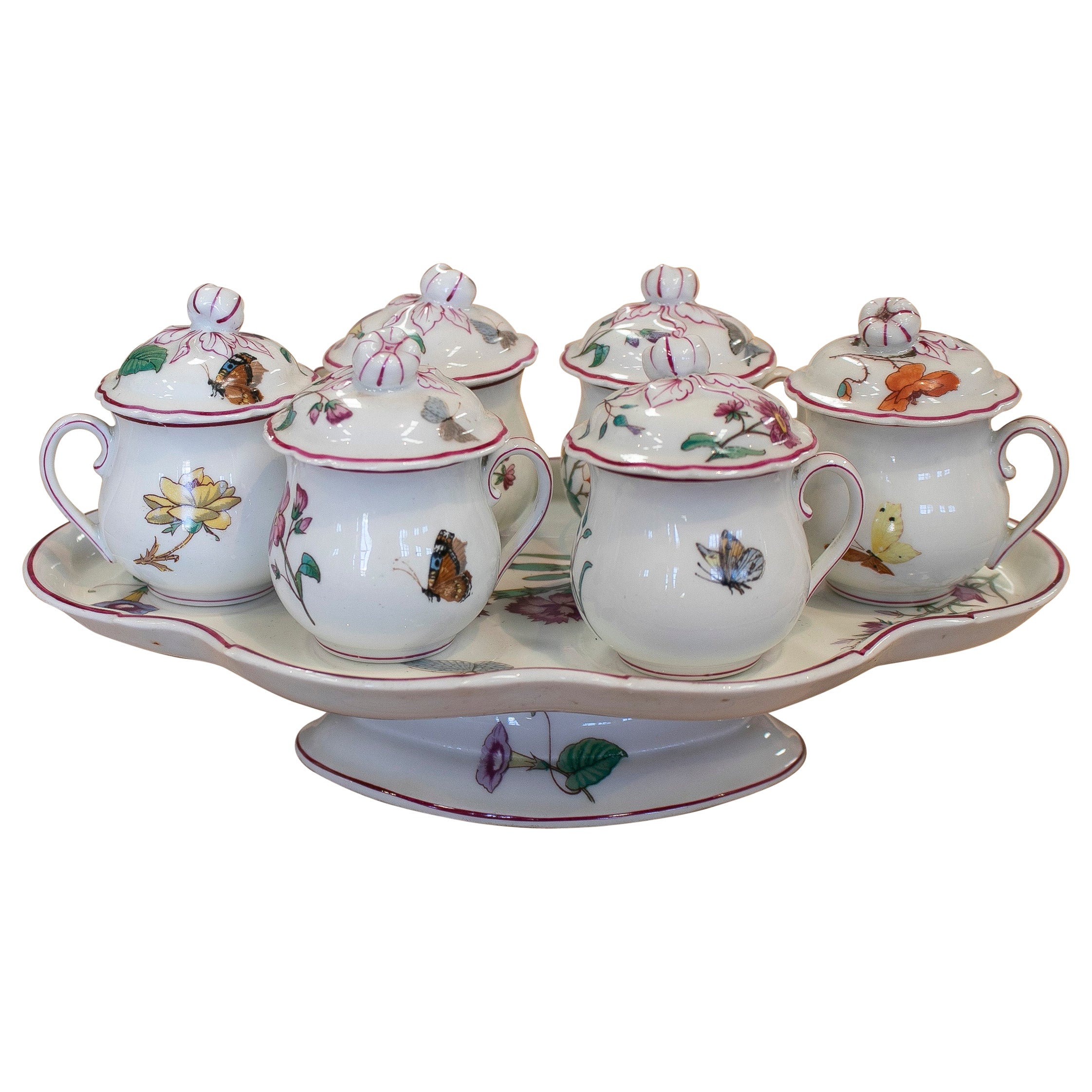 1930s French Porcelain Tasse Trembleuse Chocolate Set w/ 6 Drinking Cups & Tray