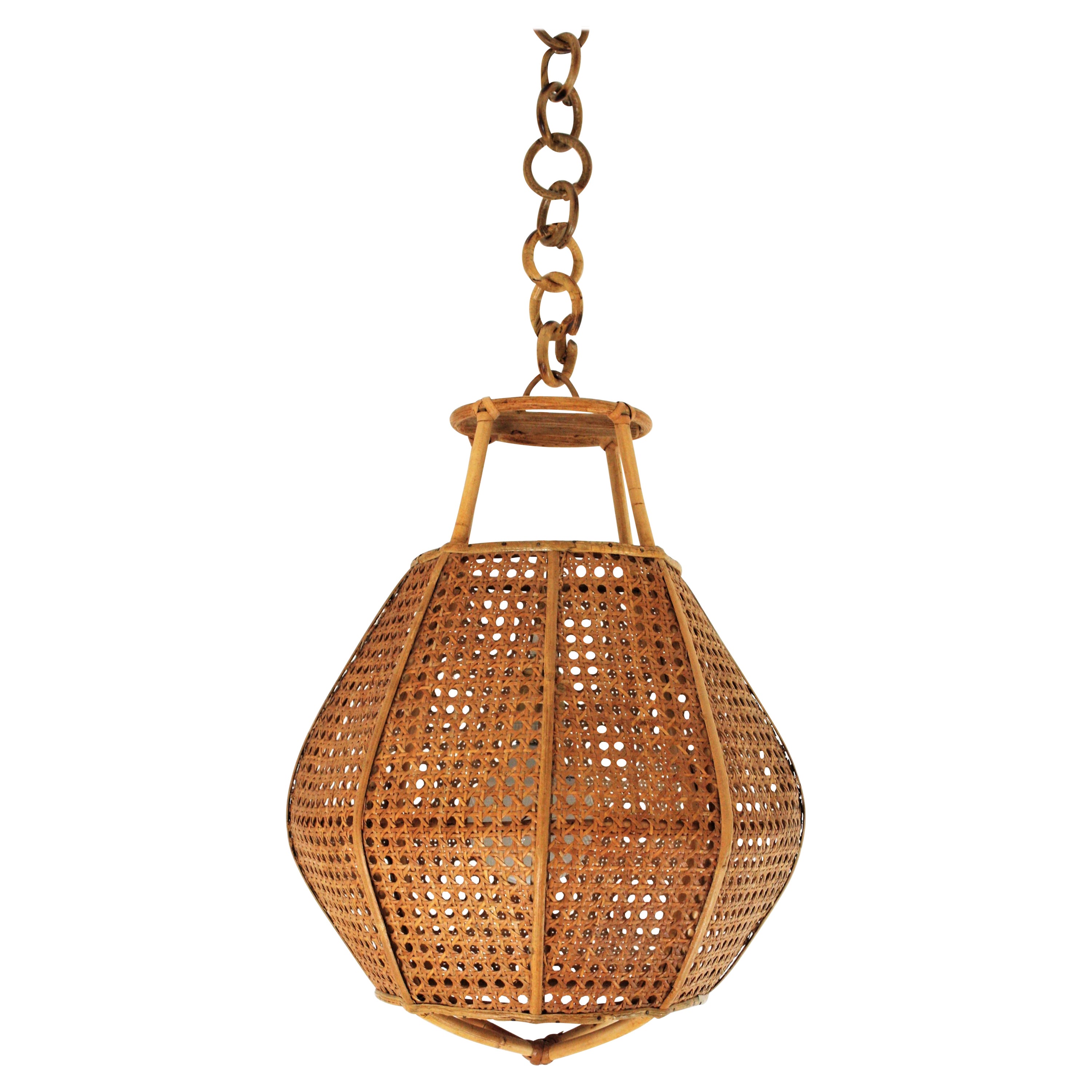 Italian Modernist Wicker Wire and Rattan Globe Pendant or Hanging Light, 1950s