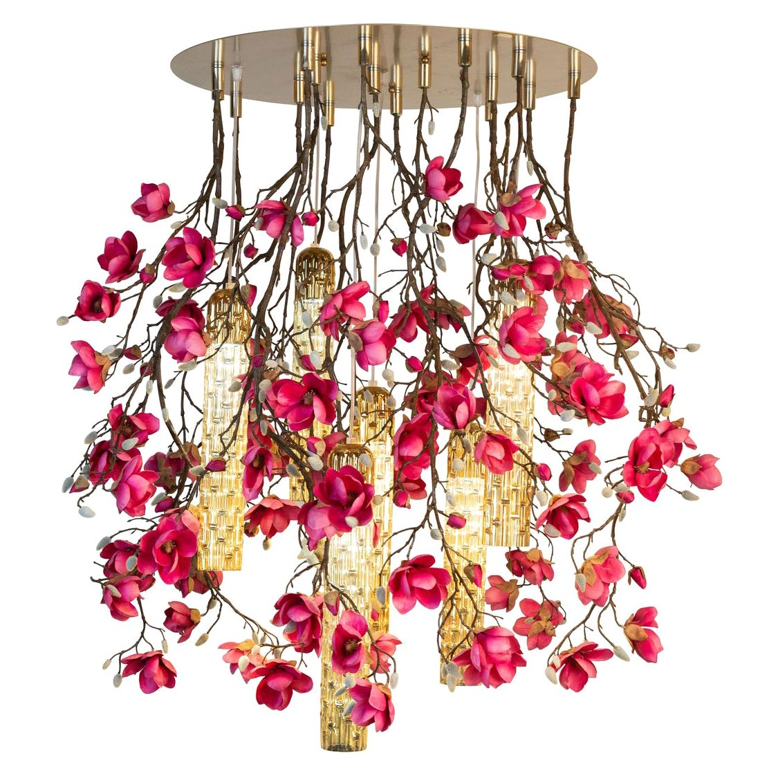Flower Power Magnolia Fuchsia & Gold Pipes Round Chandelier, Venice, Italy For Sale