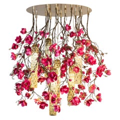 Flower Power Magnolia Fuchsia & Gold Pipes Round Chandelier, Venice, Italy