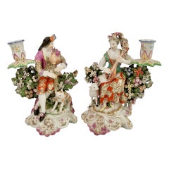 Antique Chelsea-Derby Pair of Candlestick Figures, Bagpiper and Lady with Lute, ca 1775