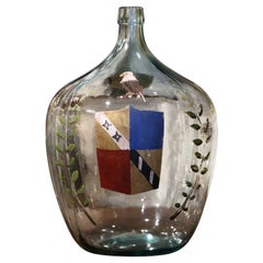 French Hand Blown Demijohn Glass Bottle with Painted Coat of Arms