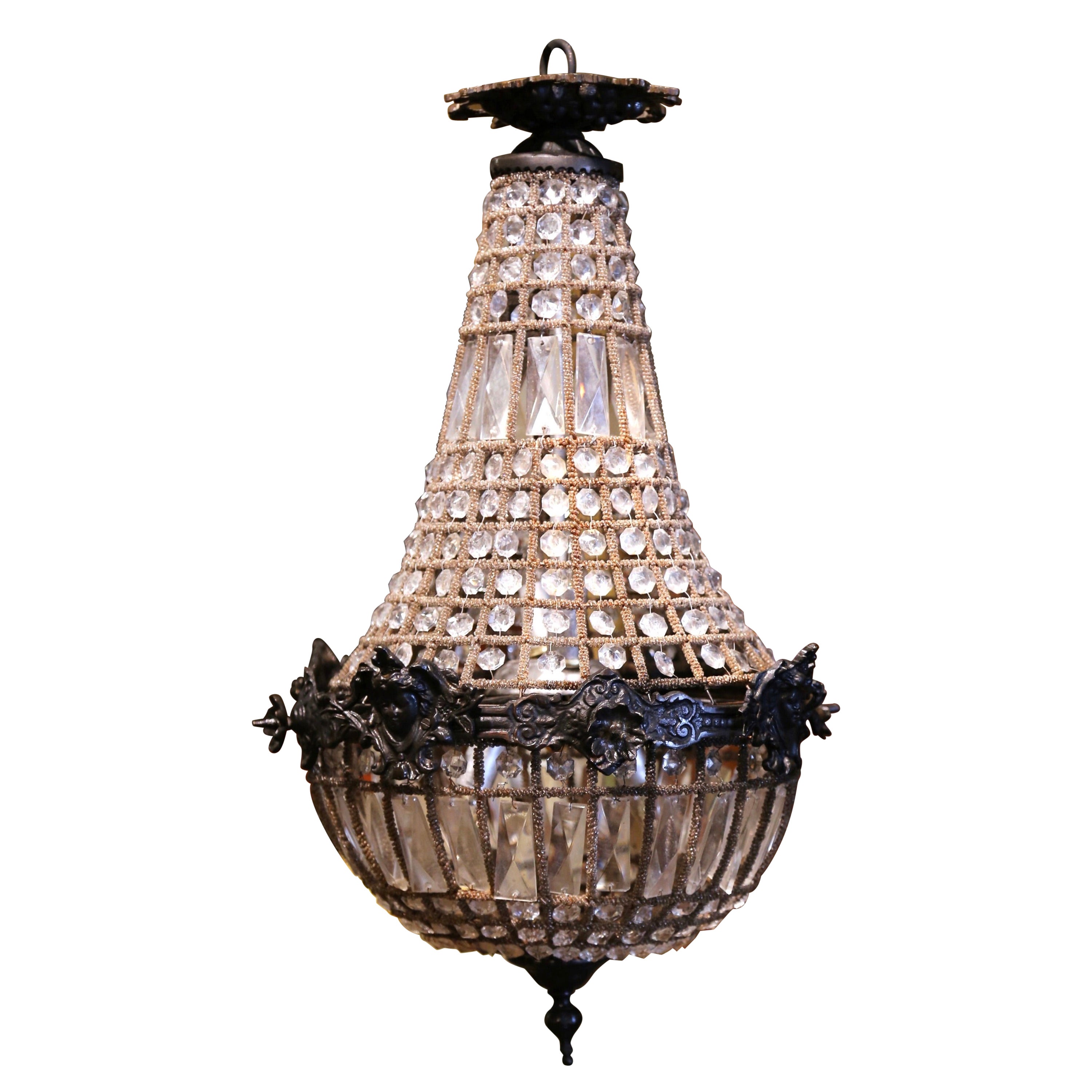 Mid-Century French Crystal and Patinated Bronze Four-Light Basket Chandelier