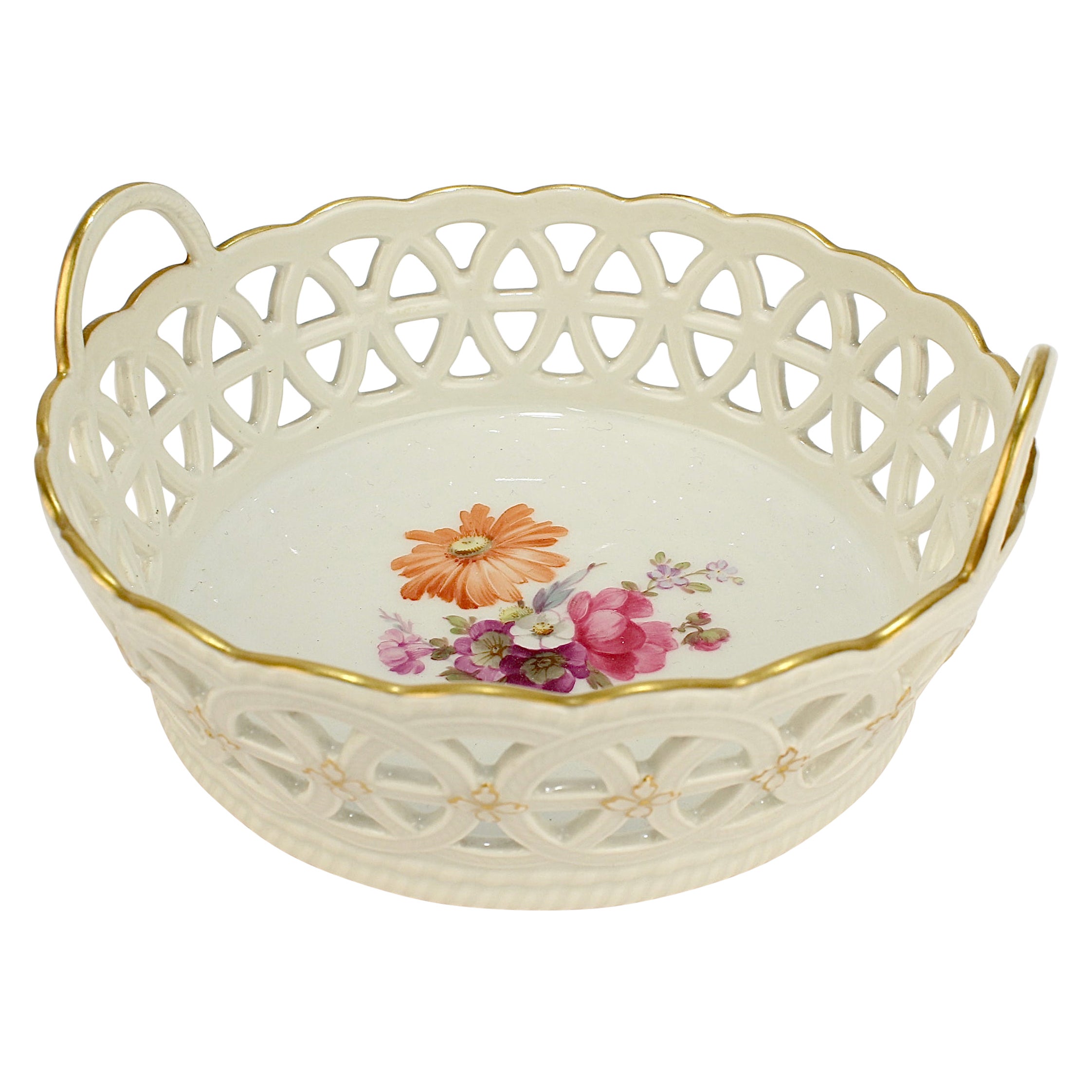 Antique KPM Royal Berlin Reticulated Porcelain Basket with Deutsche Blumen Decor