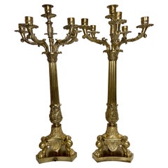 Pair Antique French Empire Gold Bronze Candelabra Lamps