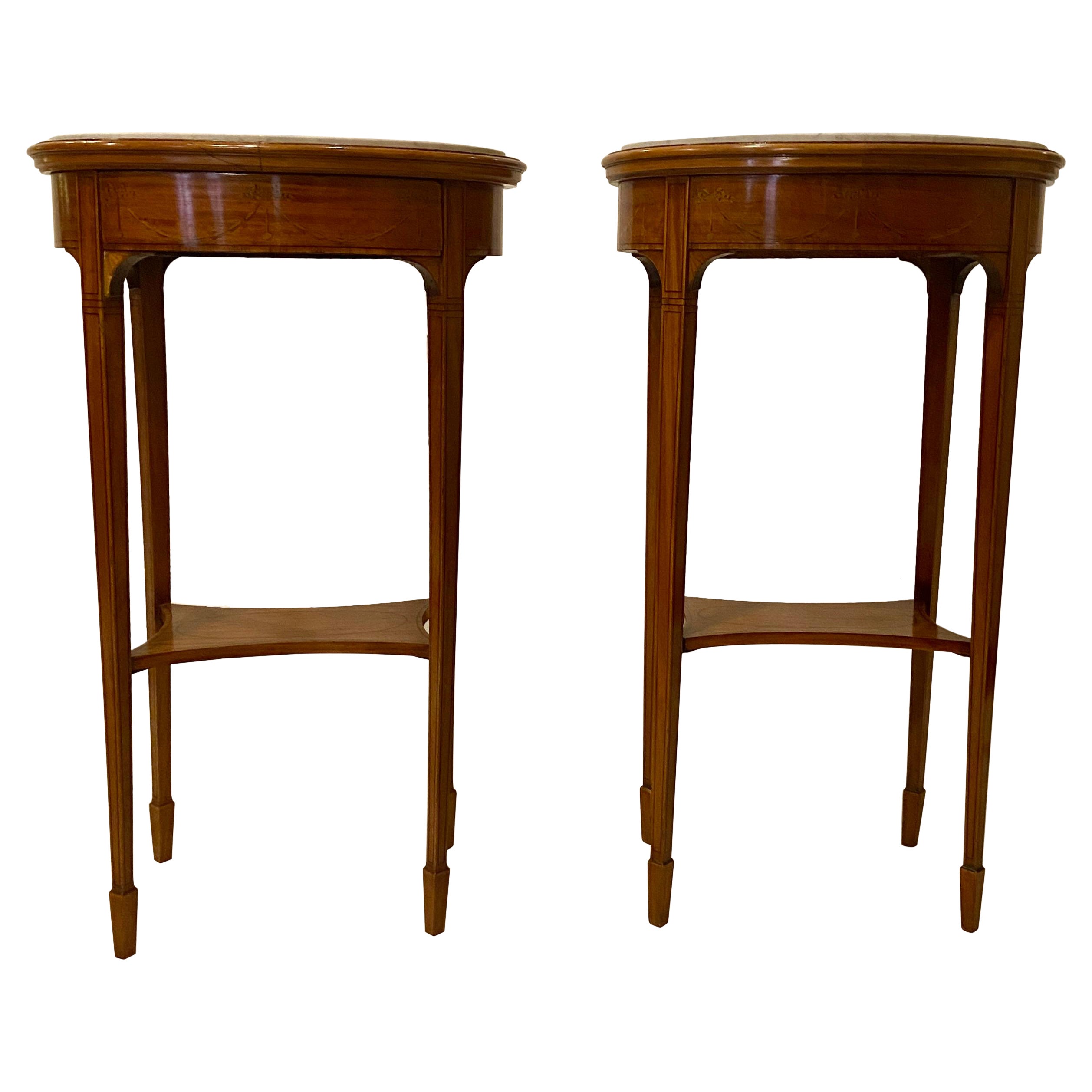 Pair Antique French Grey and White Marble-Top Satinwood Side Tables with Inlay For Sale