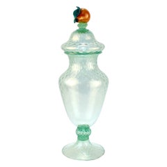 Large Vintage Venetian or Murano Glass Lidded Jar with a Figural Pear Finial