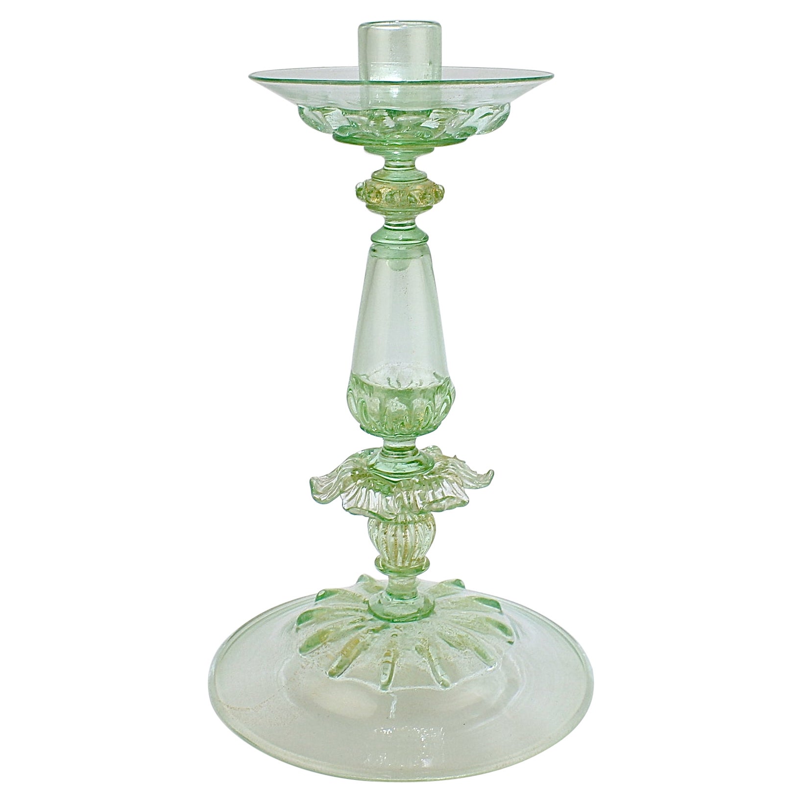 Vintage Single Salviati Venetian/Murano Floral Green Glass Candlestick