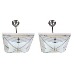 Antique Pair of Art Deco Chrome and Glass Pendant Ceiling Lights