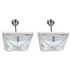 Pair of Art Deco Chrome and Glass Pendant Ceiling Lights