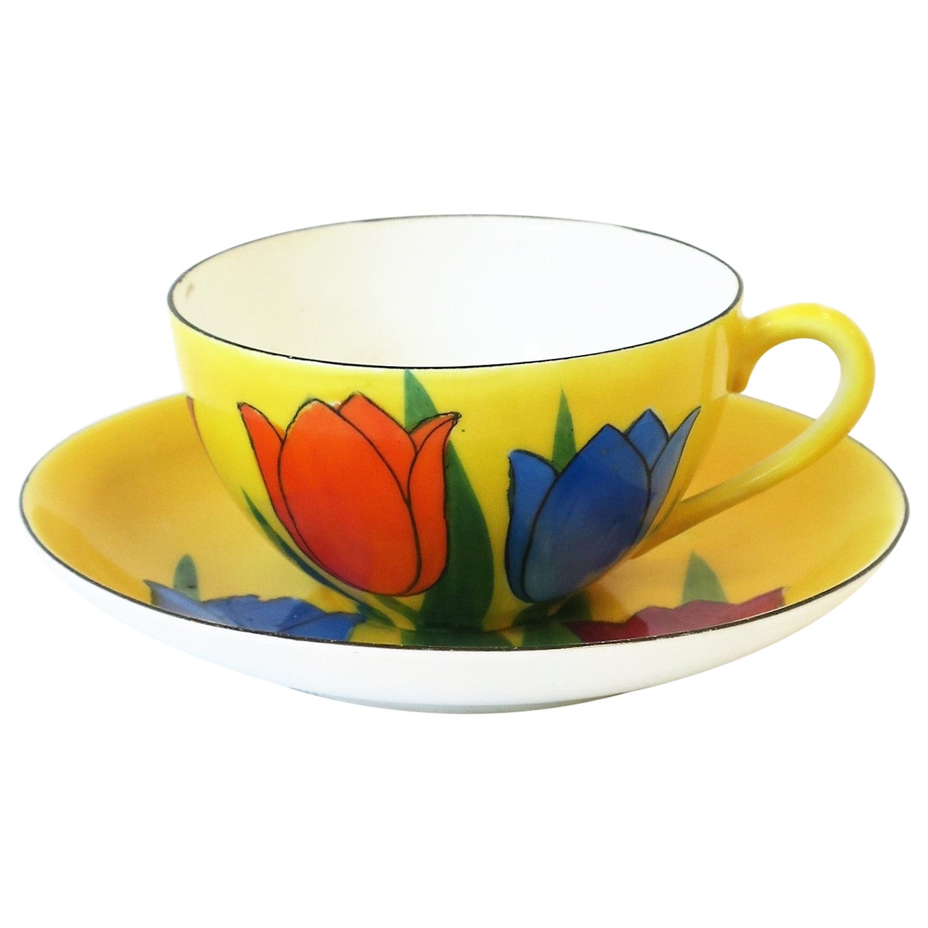 Yellow Porcelain Coffee or Tea Cup Saucer Set with Tulip Flowers For Sale