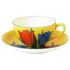 Antique Yellow Porcelain Coffee or Tea Cup Saucer Set with Tulip Flowers