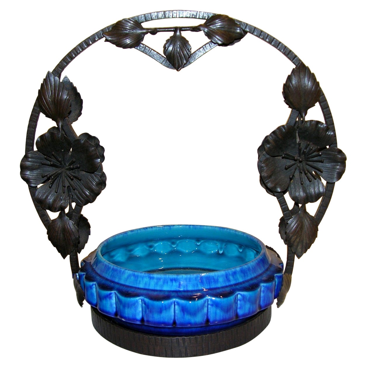 French Art Nouveau Paul Milet Sevres Ceramic Flower Wrought Iron Turquoise Bowl For Sale